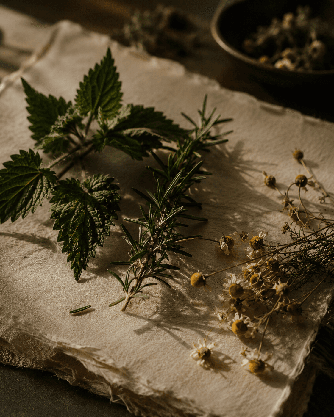 Fresh herbs on handmade paper