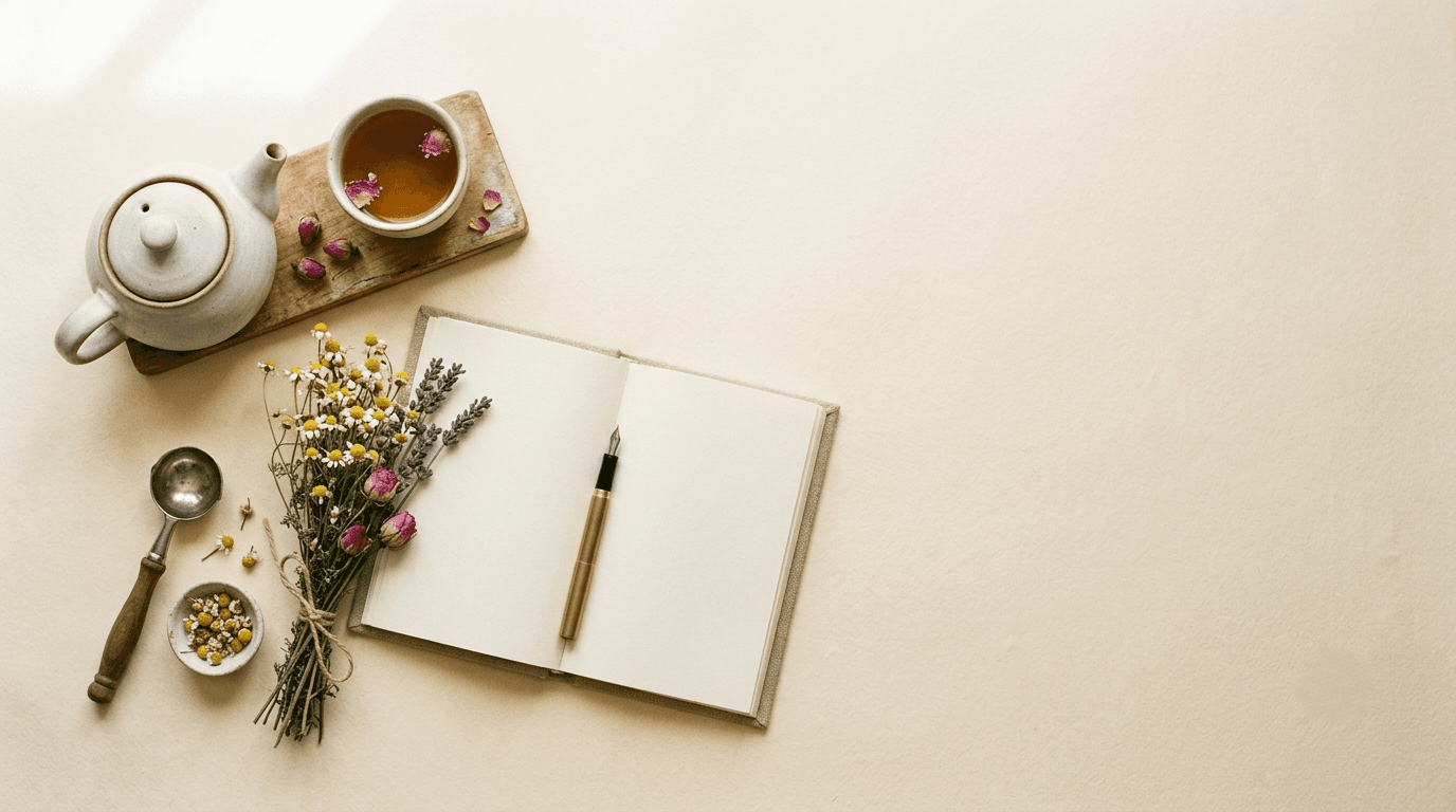 Flat lay with teapot, open journal, chamomile, and strainer