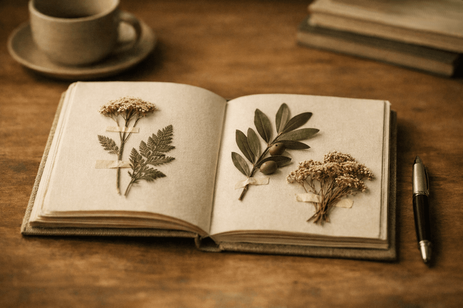 Pressed botanical specimens in journal